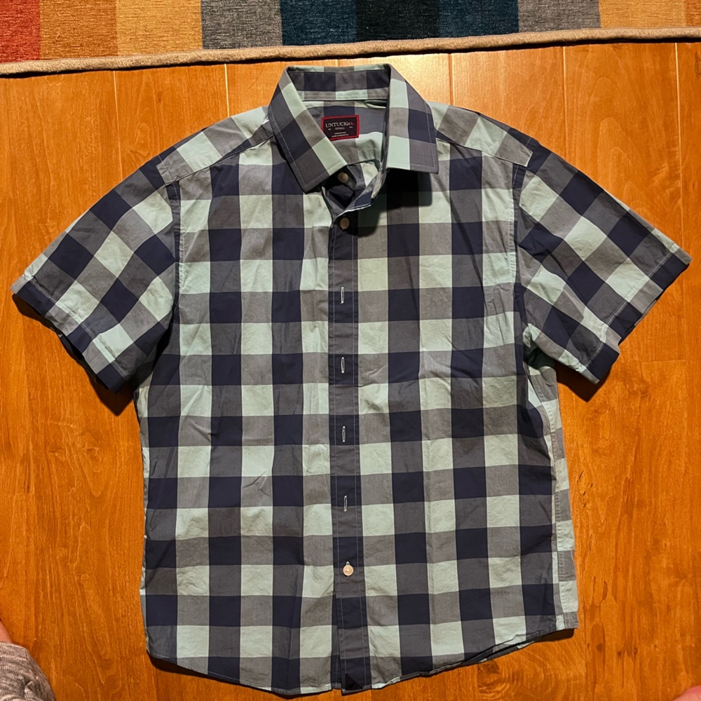 UNTUCKit Navy and Light Green Plaid Shirt